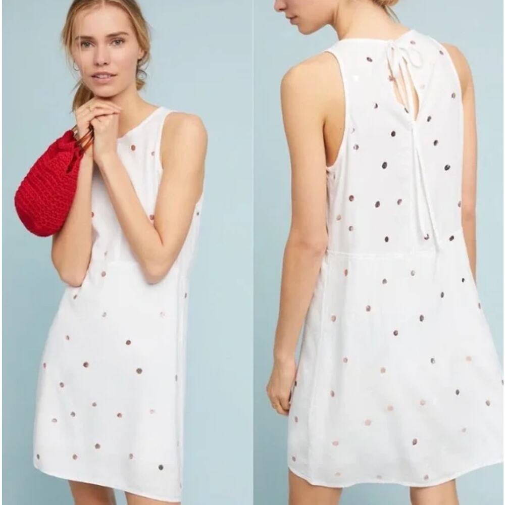 Anthropologie Cloth & Stone Polka Dot Seamed Dress White Rose Gold Size XS